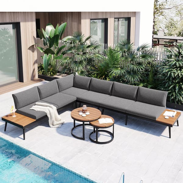 Nestfair 6-Piece Metal Frame Outdoor Sectional Sofa Set with Round Nesting Coffee Tables and Gray Cushions