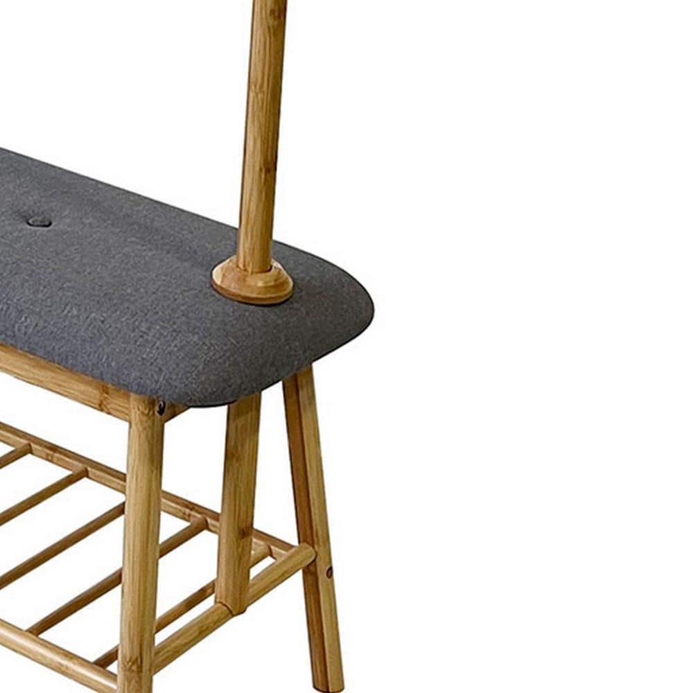Gray Upholstered Hall Tree with Bamboo Frame and Storage Bench