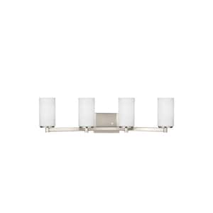 Hettinger 29 in. 4-Light Brushed Nickel Transitional Contemporary Wall Bathroom Vanity Light with White Glass Shades