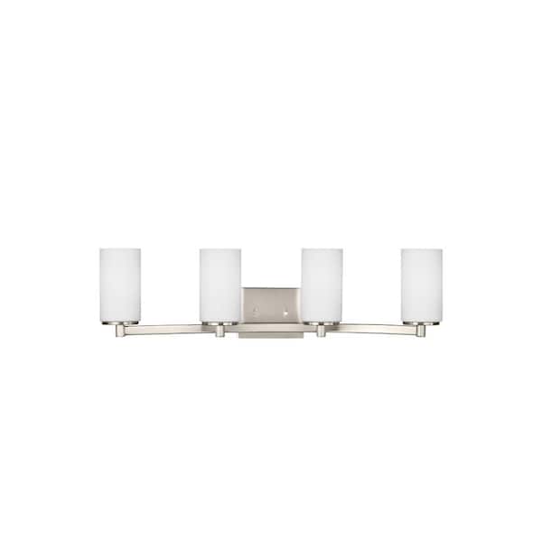 Generation Lighting Hettinger 29 in. 4-Light Brushed Nickel Transitional Contemporary Wall Bathroom Vanity Light with White Glass Shades