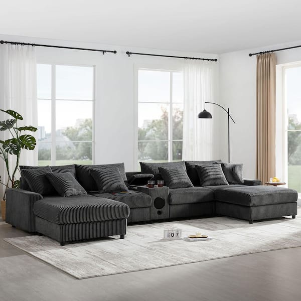 144 in. Corduroy U-Shaped Sectional Sofa in Dark Gray with 2-Ottomans, Bluetooth Speakers, Console, USB Charger