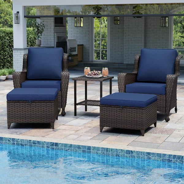 5-Piece Wicker Outdoor Chairs Patio Conversation Set with Dark Blue Cushions 2-Chairs, 2-Ottomans and 1-Table