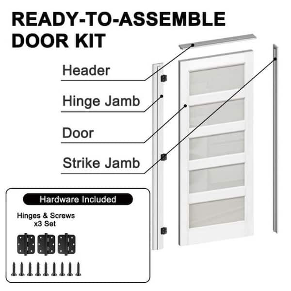 32 in. x 80 in. 5-Lite Frosted Glass Left White Solid Core Glass Single Prehung Interior Door with Quick Assemble Jamb