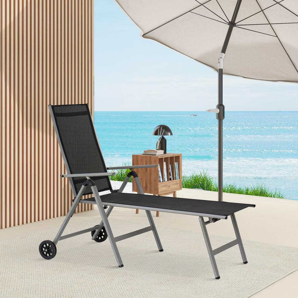1-Piece Aluminum Outdoor Chaise Lounge with Adjustable Backrest, Wheels, fo