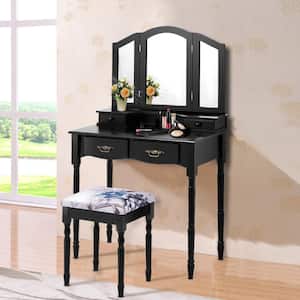 31.5 in. W x 16 in. D x 55 in. H Black Vanity Makeup Dressing Table Stool Set with Folding Mirror 4-Drawers