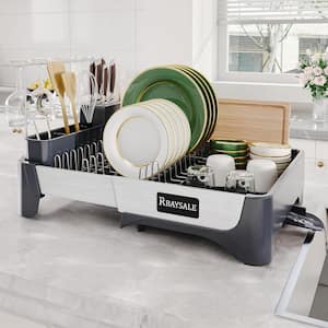 Large Expandable Stainless Steel Dish Rack with Aluminum Pull Plate, Wine Glass Holder and Utensil Holder in Gray