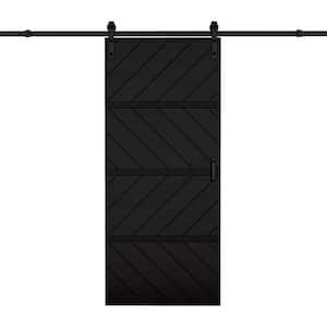 36 in. x 84 in. Paneled 4-Segments Wave Design Black MDF Sliding Barn Door Slab with Installation Hardware Kit