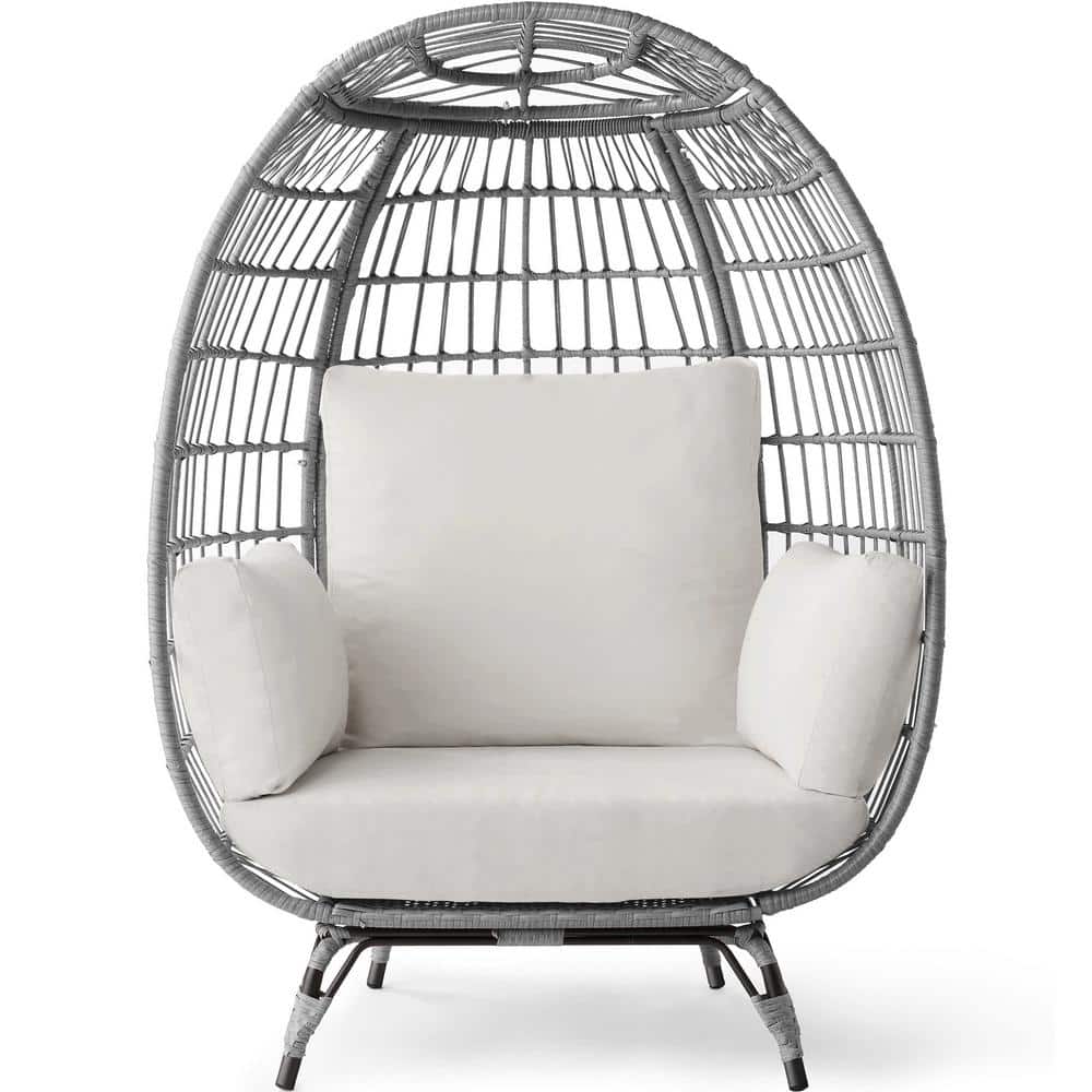 Gray Wicker Egg Lounge Chair with White Sand Cushions