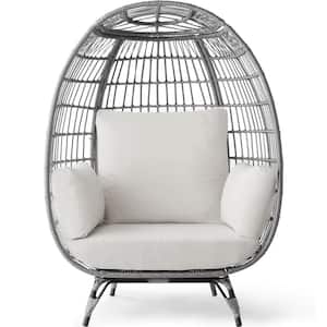 Oversized Egg Wicker Indoor Outdoor Lounge Chair with White Sand Cushions, Steel Frame, 440 lbs. Capacity