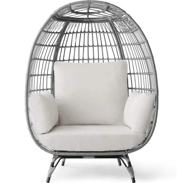 Best Choice Products Oversized Egg Wicker Indoor Outdoor Lounge Chair with White Sand Cushions, Steel Frame, 440 lbs. Capacity