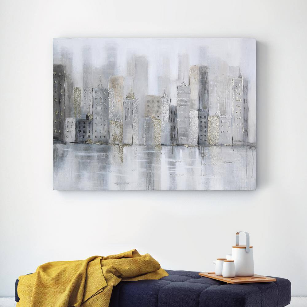 Foggy City Metallic Hand Painted Abstract Canvas Wall Art, 30" x 40"