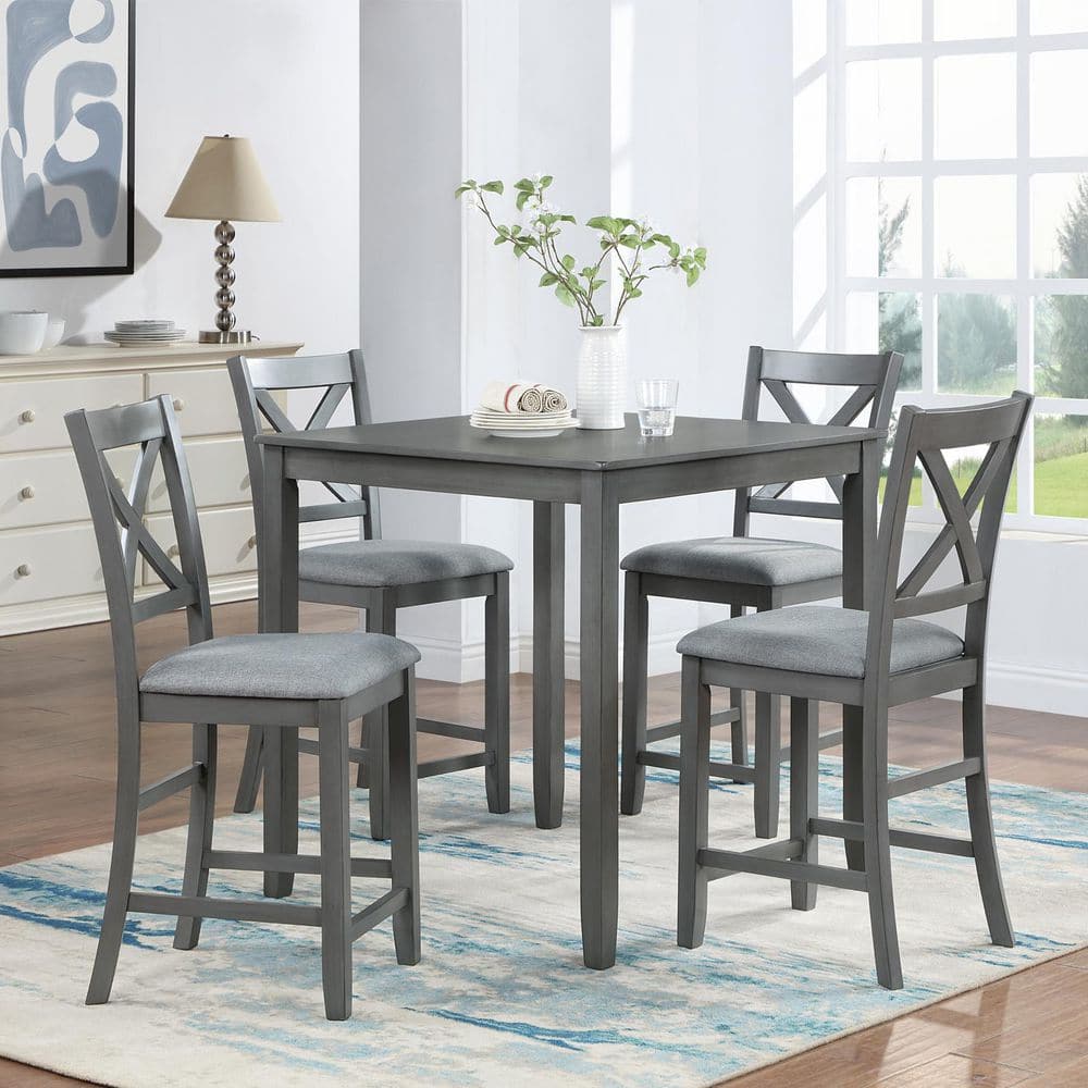 Gray 5-Piece Wood Outdoor Dining Set for 4, Dining Table and 4