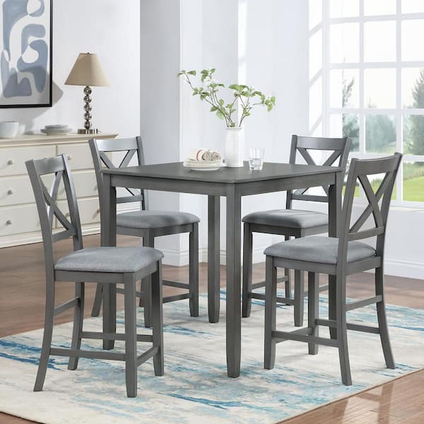 Unbranded Gray 5-Piece Wood Outdoor Dining Set for 4, Dining Table and 4-Upholstered Chairs with Gray Cushion for Dining Room