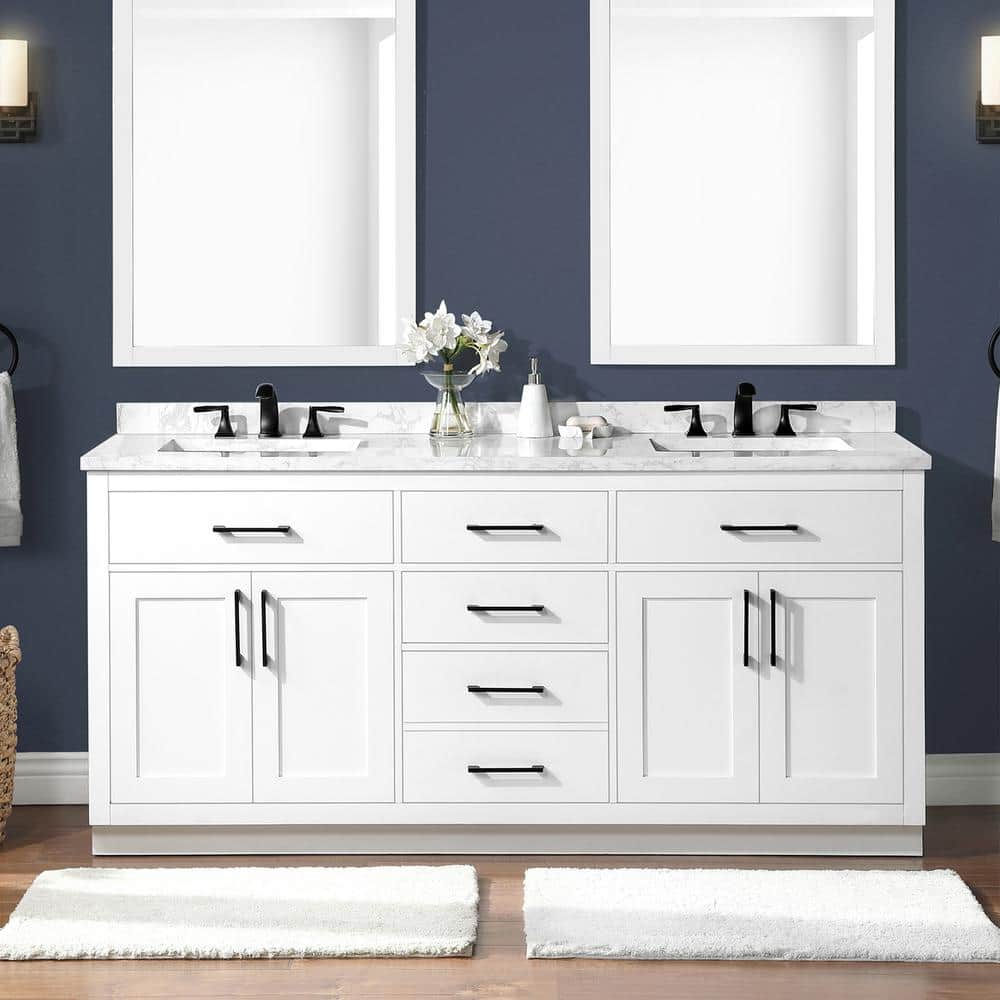 Athea 72" Pure White Double Freestanding Bathroom Vanity with Marble Top