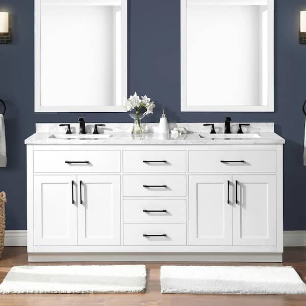 OVE Decors Athea 72 in. W x 22 in. D x 34 in. H Double Sink Bath Vanity in White with White Engineered Marble Top with Outlet