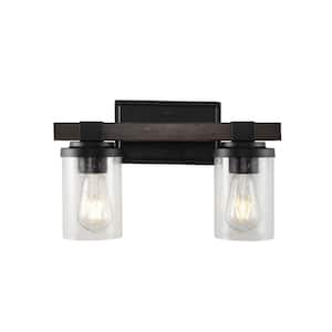 Bungalow 15 in. 2-Light Oil Rubbed Bronze Iron/Seeded Glass Rustic Farmhouse LED Vanity Light