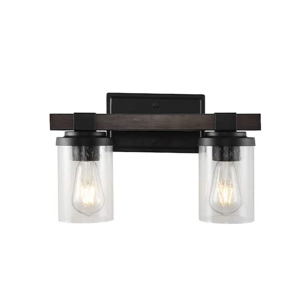 Bungalow 15 in. 2-Light Oil Rubbed Bronze Iron/Seeded Glass Rustic Farmhouse LED Vanity Light