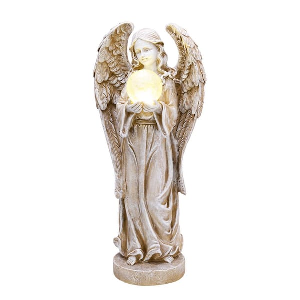 Large Angel Garden Statues with Solar Outdoor Light Fairy FigurineResin with Wing & Glass Ball for Garden Decor 22.8 in.