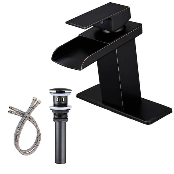 Unbranded Single Handle Single Hole Waterfall Bathroom Faucet with Drain Assembly Brass Bathroom Sink Faucets in Oil Rubbed Bronze
