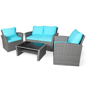 4-Pieces Wicker Patio Conversation Set Sofa Table with Storage Shelf and Turquoise Cushion