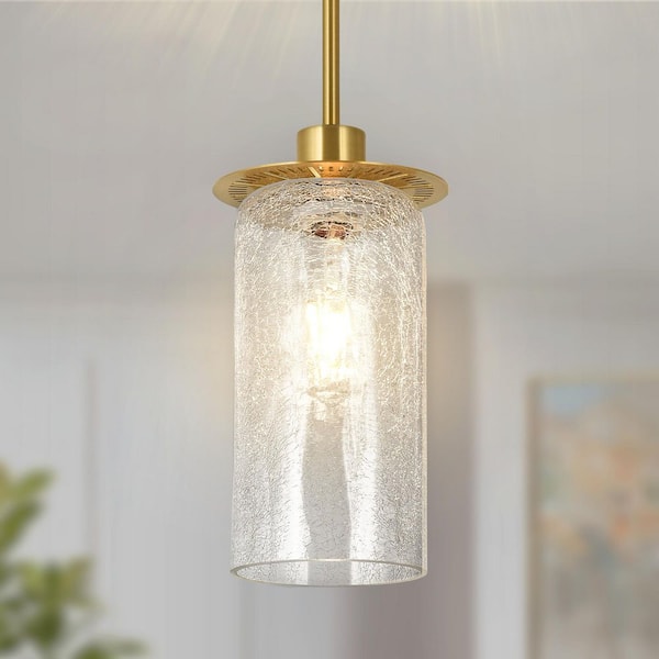 Henveton Jasslynn 60W 5.9 in. 1 Light Gold Pendant Light with Crackled Glass Shade, Modern Mid-Century Hanging Island Light