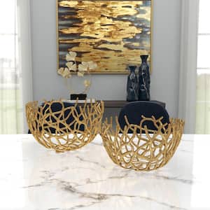 Gold Handmade Aluminum Coral Decorative Bowl with Mosaic Details (Set of 2)