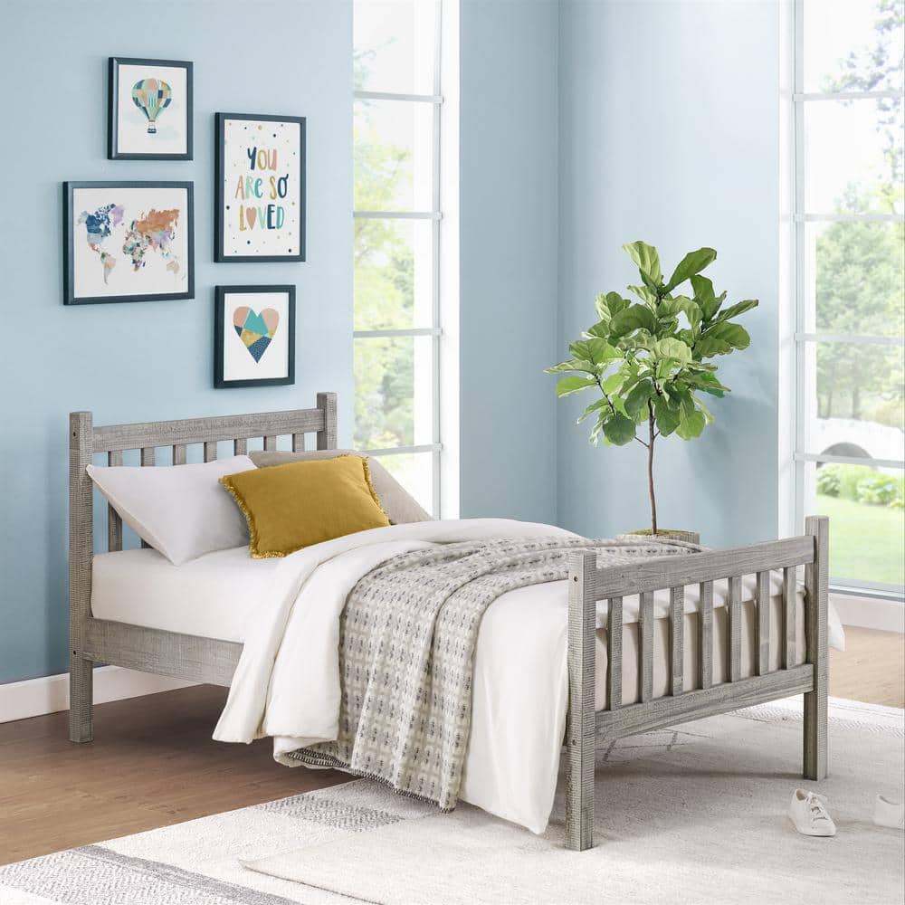 Windsor Driftwood Gray Twin Pine Wood Bed with Slats and Headboard