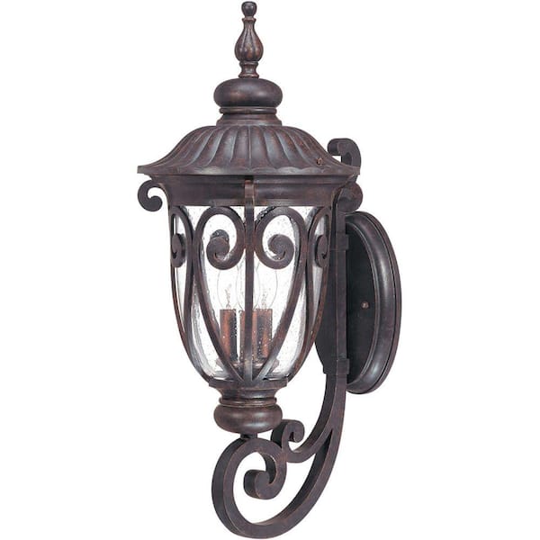 Glomar 3-Light Outdoor Burlwood Wall Lantern Sconce Arm Up with Seeded Glass
