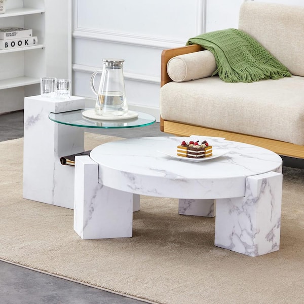 Zeus & Ruta Marble Textured MDF Coffee Table in White For Living Room And Bedroom