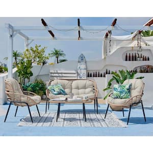 4-Piece PE Natural Rattan Outdoor Conversation Set with Beige Cushions