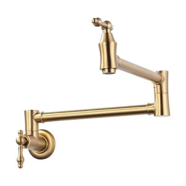 Brass Wall Mouned Pot Filler Kitchen Faucet, Modern Kitchen Faucet with Double Joint Swing Arm in Brushed Gold
