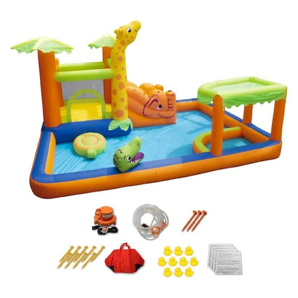 BANZAI Safari Splash Water Park PVC Inflatable Bouncer Slide with Cannon and Blower, Multi-Color