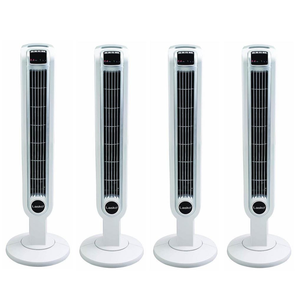 Lasko 12 in. 3-Speed Oscillating Tower Fan in White with Timer and ...