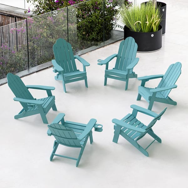 LUE BONA Recycled Lake Blue HDPS Folding Plastic Adirondack Chair Weather Resistant Patio Plastic Fire Pit Chairs (Set of 6)