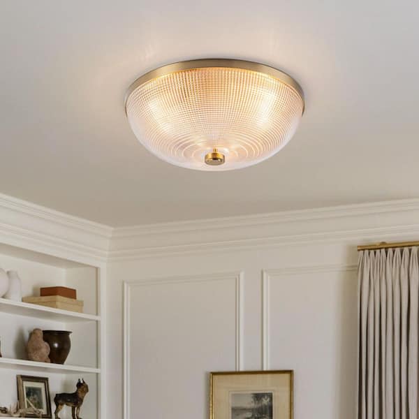 16 in. 3-Light Dome Brushed Gold Flush Mount Ceiling Light with Prismatic Glass Shades for Bedroom Foyer Kitchen