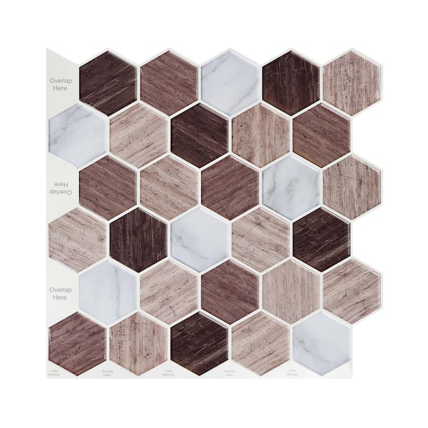 ilemong Hexagon Vinyl Peel and Stick Backsplash 12 in. x 12 in. Stick on Wall Tile for Kitchen Fireplace, RV in Brown, 10-Tile
