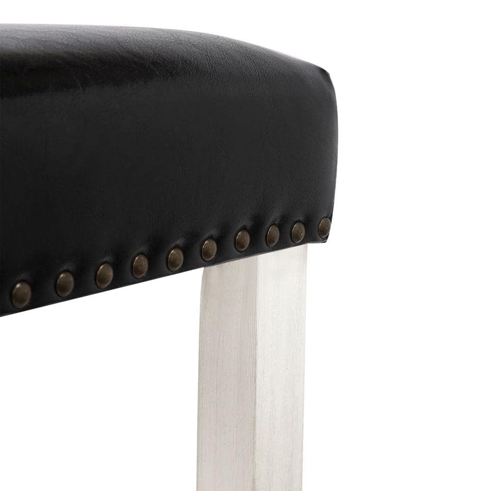 24" Black Leather & Wood Saddle Style Backless Barstool