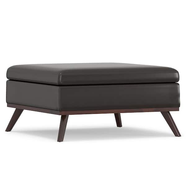 Simpli Home Owen 36 in. Wide Mid Century Modern Square Coffee Table Storage Ottoman in Tanners Brown Vegan Faux Leather, Assembled
