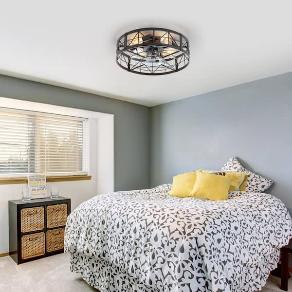 20 in. Indoor Black Enclosed Flush Caged Ceiling Fan with Metal Light Kit and Remote Control Included