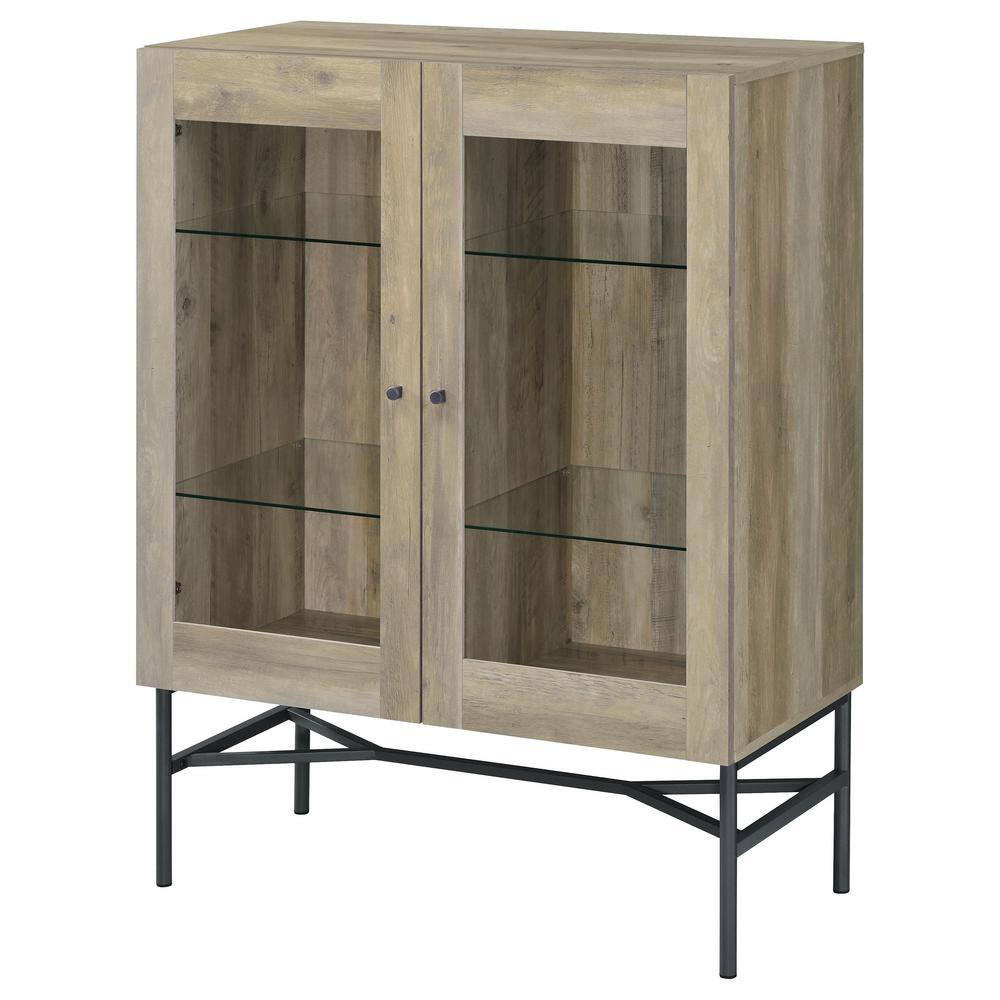 Light Brown Pine 2-Door Glass Display Cabinet