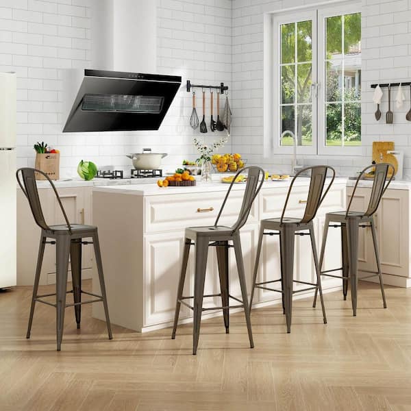 Gun 30 in. Bar Height Metal Stool Seat Industrial Bar Stools with High Back (Set of 4)