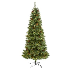 7 ft. Pre-Lit White Mountain Pine Artificial Christmas Tree with 400 Clear LED Lights and Pine Cones
