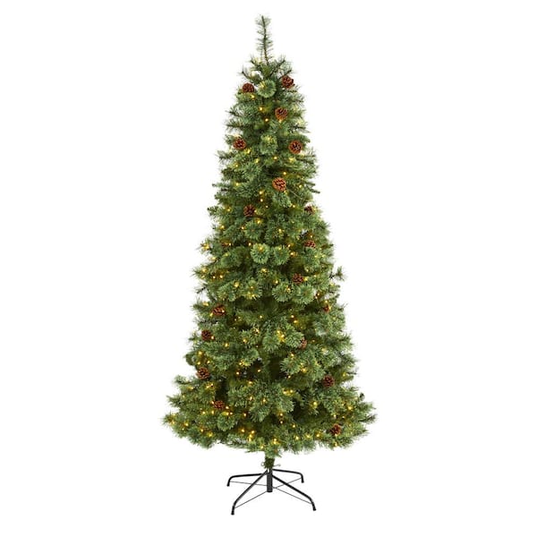 Nearly Natural 7 ft. Pre-Lit White Mountain Pine Artificial Christmas Tree with 400 Clear LED Lights and Pine Cones