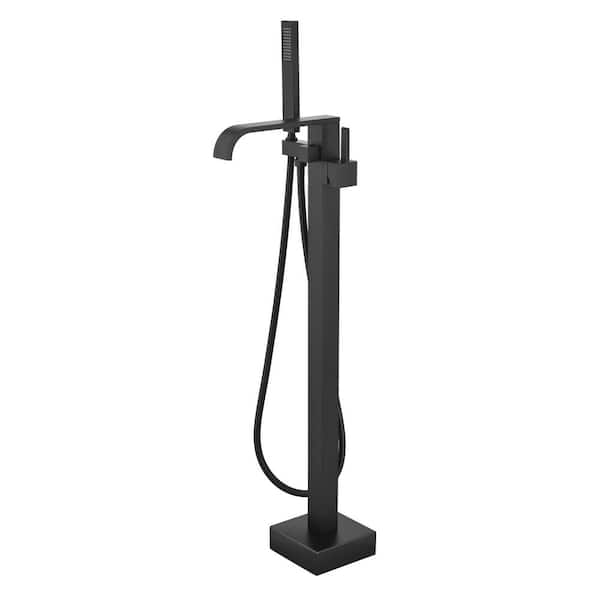 FLG Single-Handle Freestanding Tub Faucet with Hand Shower Brass Waterfall Floor Mount Tub Filler in Matte Black