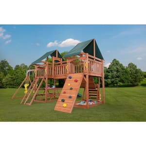 Jungle Fun Complete Wood Swing Set with Slide, Clatter Bridge, Rock Wall and Multiple Playset Accessories