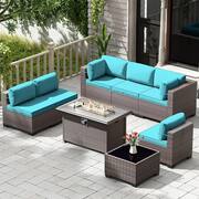 8-Piece Wicker Patio Conversation Set with 55000 BTU Gas Fire Pit Table and Glass Coffee Table and Blue Cushions