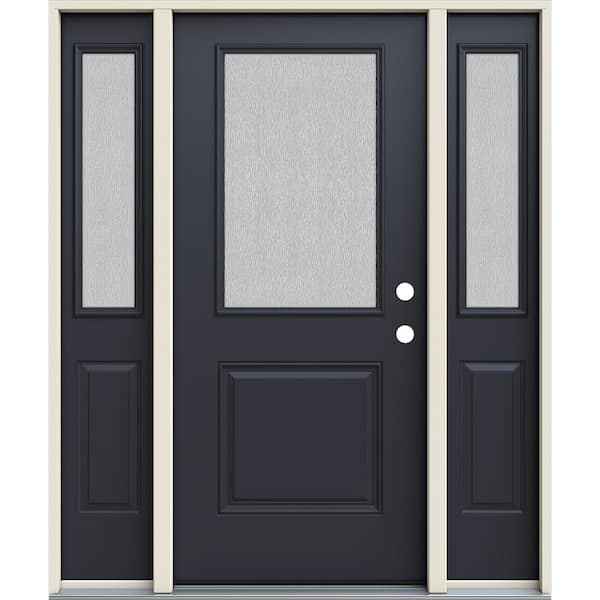 36 in. x 80 in. Left-Hand/Inswing 1/2 Lite Streamed Ripple Glass Black Steel Prehung Front Door with Sidelites