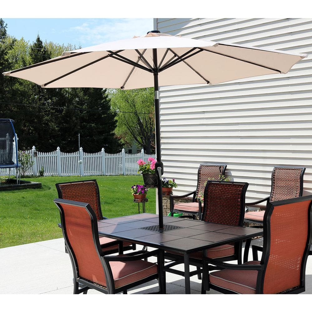 Beige 9-Foot Aluminum Patio Umbrella with Solar LED Lights