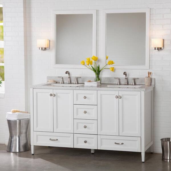 Home Decorators Collection Claxby 61 in. W x 22 in. D Bathroom Vanity in White with Solid Surface Vanity Top in Silver Ash with White Sink