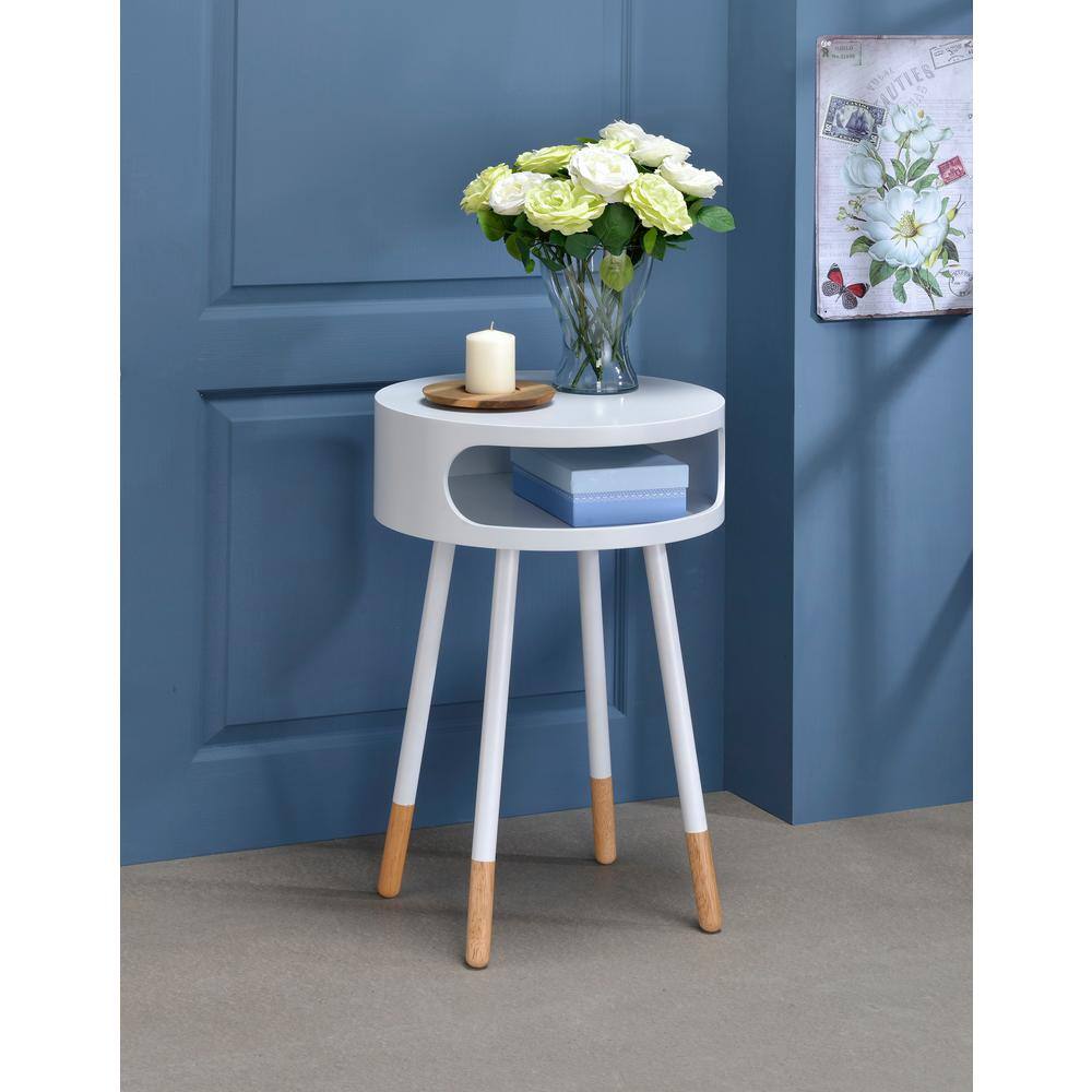 Sonria Round White and Natural Wood End Table with Metal Legs